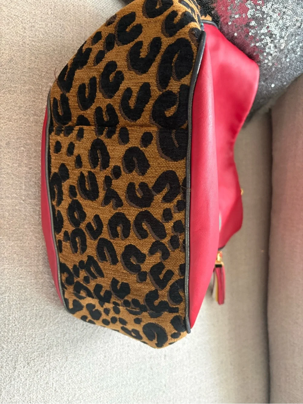 Louis Vuitton Red Leather Hobo with Leopard-Print Sides